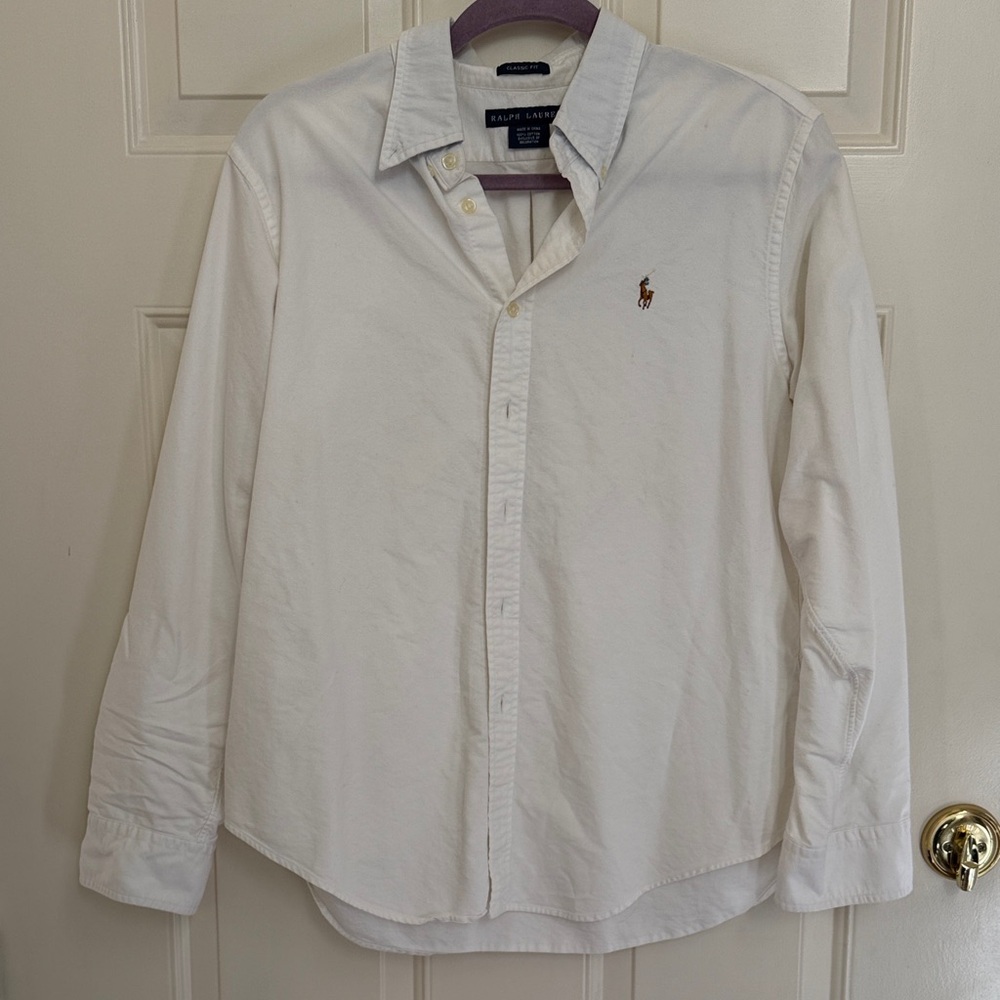 Ralph Lauren White Long-Sleeve Button-Down Shirt with Pony Logo